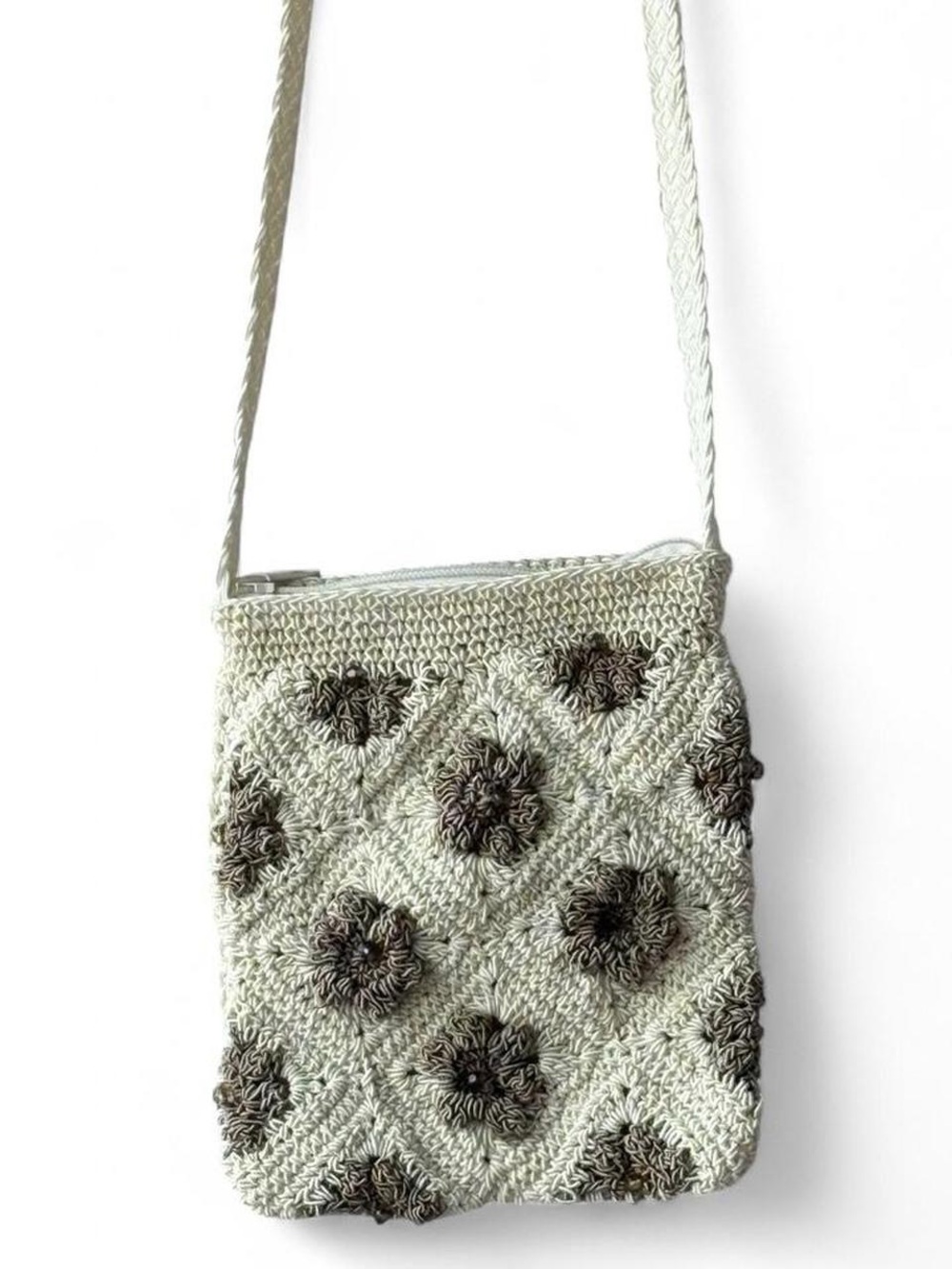 Vintage Amanda Smith Crochet Cream & Tan Floral Crossbody Bag Mini Purse